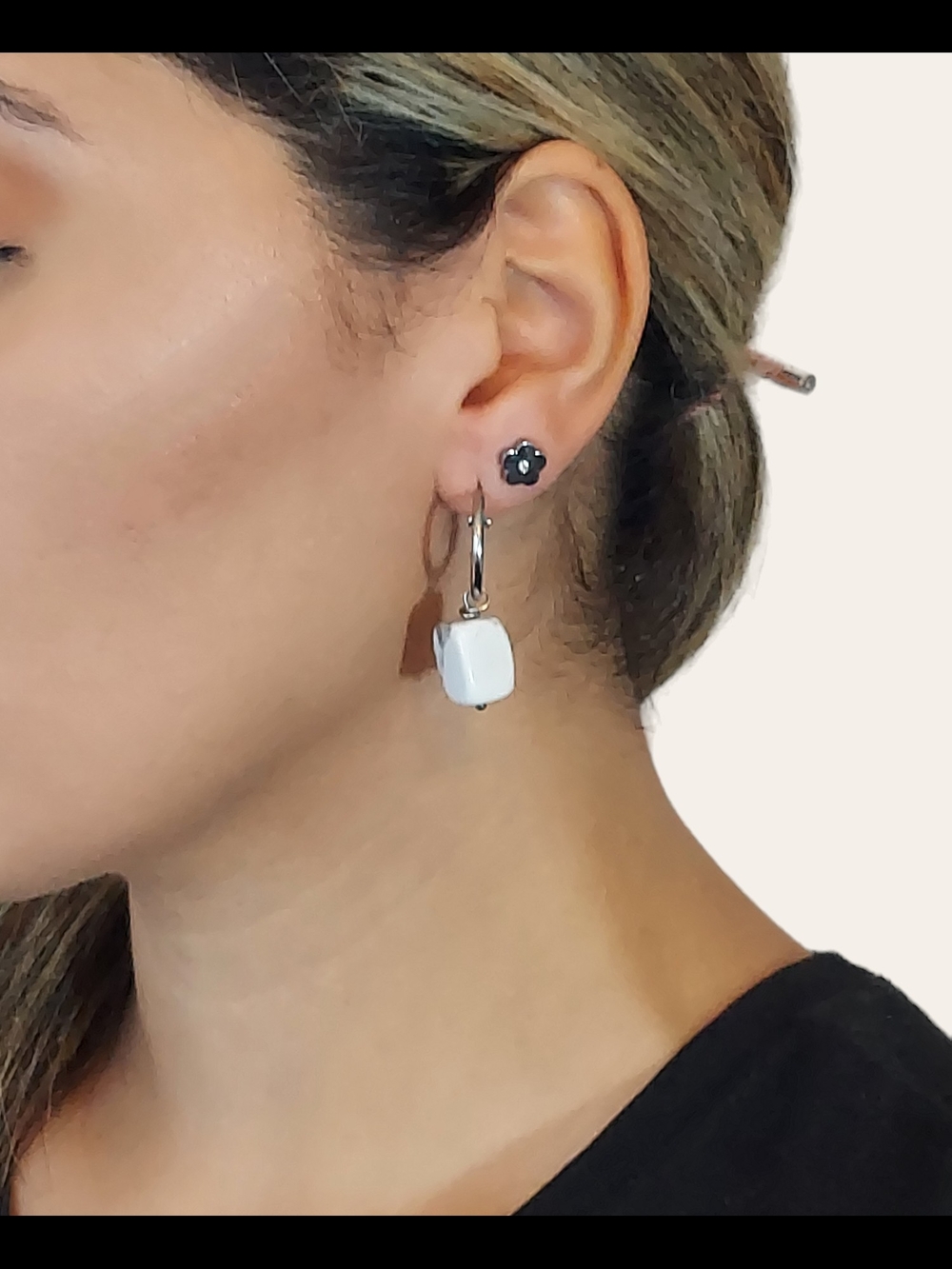 Stainless Steel Hoop Earrings with White Marble Howlite Drops